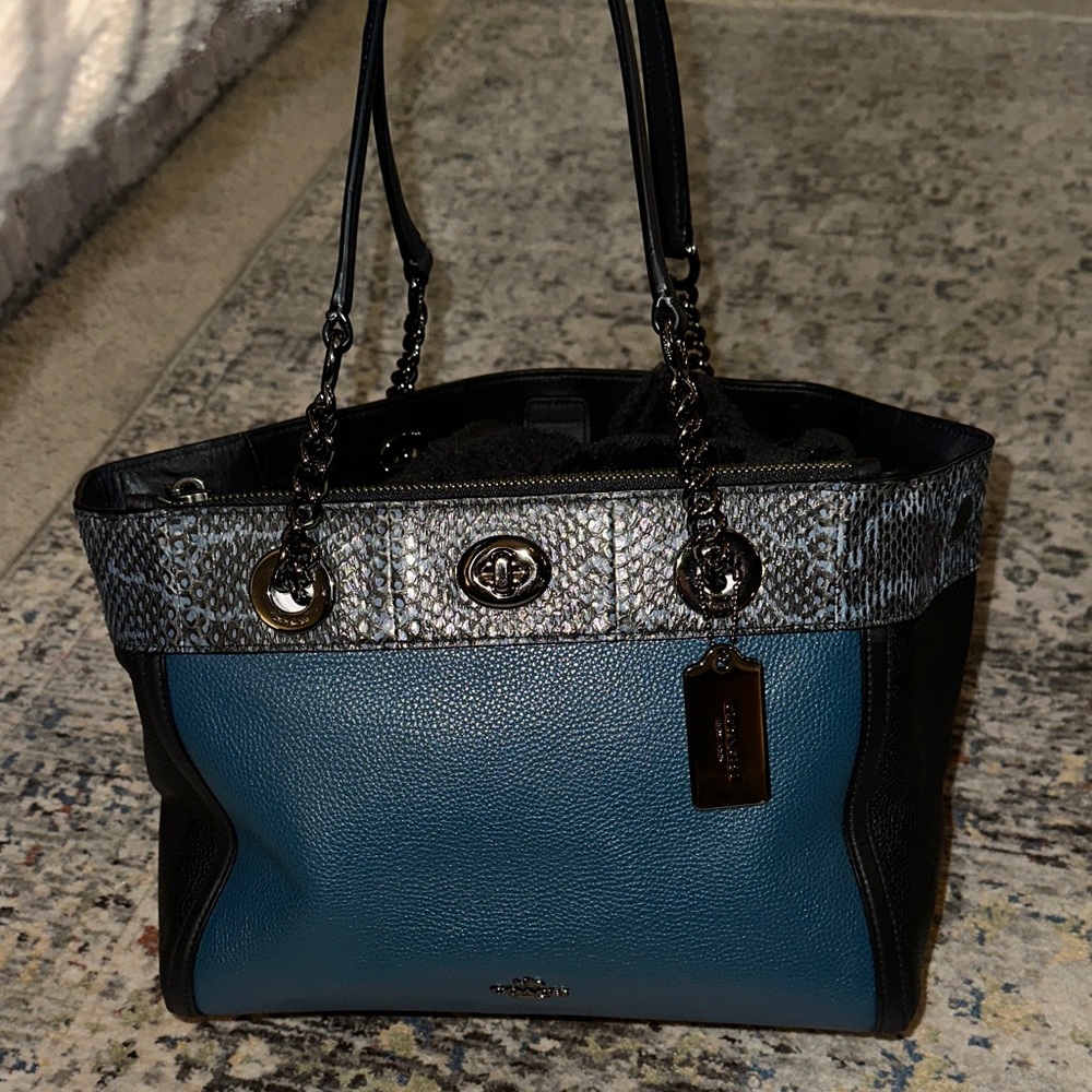 Coach Edie tote in Black and Teal with python trim